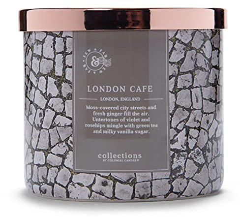Colonial Candle Duftkerze im Glas mit Deckel | London Cafe | Duftkerze Ingwer | Kerze 3 Dochte | Kerzen lange Brenndauer (60h) | Kerzen Grau (411g)