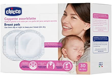Chicco Coppette Assorbilatte Giorno e Notte, con Antibatterico, Ultra-Assorbenti, Morbide e Traspiranti, con Striscia Adesiva per Fissare le Coppette in Posizione, Design Discreto, 30 Pezzi, Bianco
