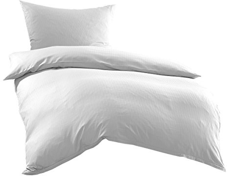 Bettwaesche-mit-Stil Mako-Satin Damast Streifen Bettwäsche Linea 4mm 100% Baumwolle gestreift (155cm x 220cm + 80cm x 80cm, Weiß)