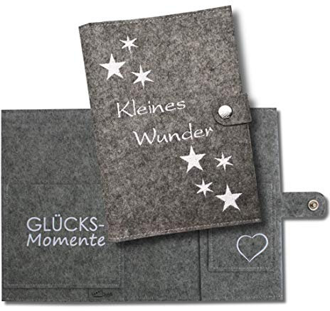 Goldi-Design Mutterpasshülle Mutterpass Schutzhülle - kleines Wunder - 2 Innenfächer - Druckknopfverschluss mit Logo – grau meliert