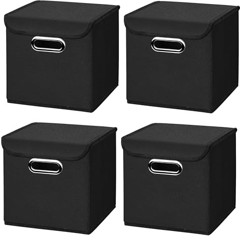 Stick&Shine 4x Aufbewahrungs Korb Schwarz Faltbox 25 x 25 x 25 cm Regalkorb faltbar, mit Deckel