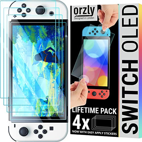 Orzly Displayschutzfolie für Nintendo Switch OLED-Konsole 2024 Modell, gehärtetes Glas, einfache Installation, Life-Time-Edition, 4 Stück