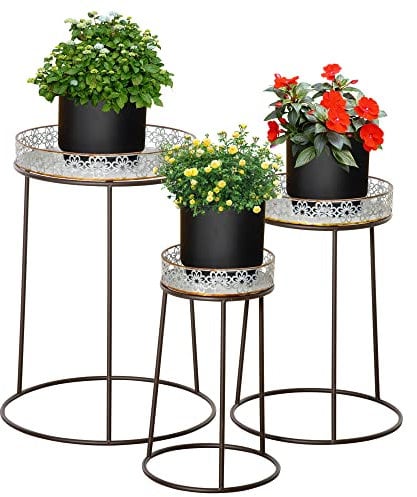 Outsunny Blumenständer 3er Set aus Metall Pflanzenständer Set Blumenhocker Blumentopfhalter Pflanzenhocker für Blumentopf Stapelbar Kaffee+Silber