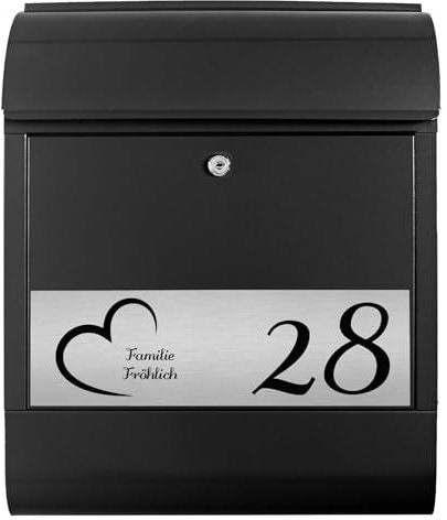 banjado® Briefkasten personalisiert mit graviertem Namensschild in Silber/Briefkasten schwarz 39x47x14cm / Briefkasten mit Hausnummer, Namen & Motiv Herz/Briefkasten mit Zeitungsfach