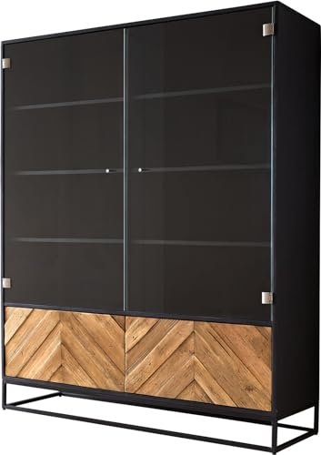 DELIFE Glasvitrine Famke Mango Teak 120 cm 2 Glastüren und 2 Holztüren Highboard