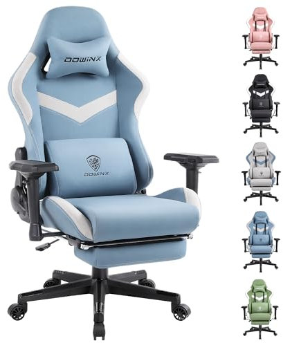 Dowinx Bürostuhl Gaming Stuhl Stoff, Ergonomischer Gaming-Stuhl, Massage Gaming Sessel mit Fußstütze, Kopfstütze, Massage-Lendenkissen, Gaming-Stuhl, Drehstuhl (Taubenblau)