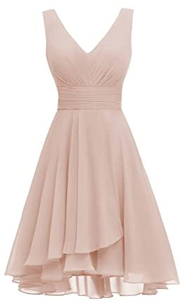 Robe de demoiselle d'honneur courte en mousseline de soie avec col en V et taille froncée pour femme, rose poudré, 34