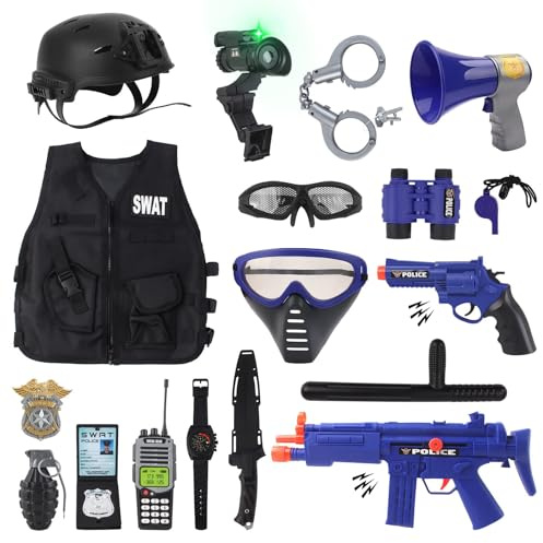 deAO Police Officer Costume for Kids Role Play Set with a Storage Backpack Vest Helmet Policeman Outfit Toys for Kids Halloween Birthdays Christmas Gift