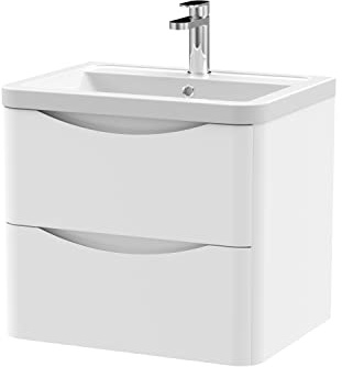 nuie LUN102A Lunar Modern Bathroom Wall Hung 2 Drawer Vanity Basin Unit & Ceramic Basin, 600mm, Satin White