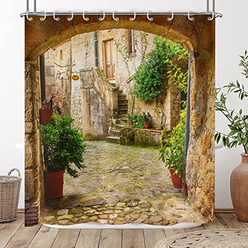 Hnmdmyi 3D Shower Curtain 180x200, Garden Plants Scenery Street Alley Picture Shower Curtains Italy Outdoor View Bathroom Curtains Waterproof Polyester Fabric Washable Bath Curtains with Hooks