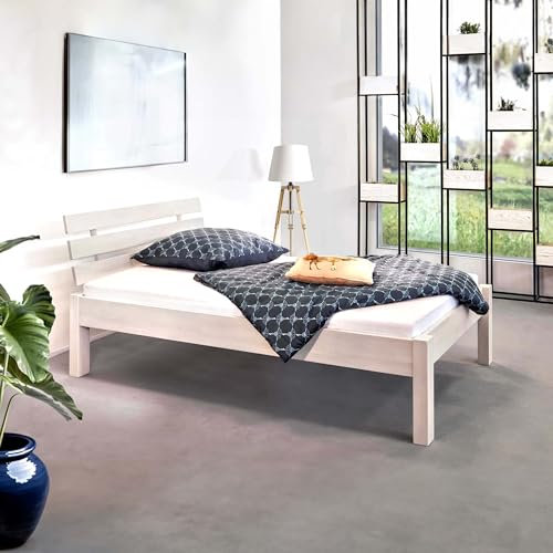 Bubema Bett Quattro, Buche Massivholzbett, Doppelbett in Komforthöhe (Größe: 140 x 200 cm; Farbe: weiß lasiert)