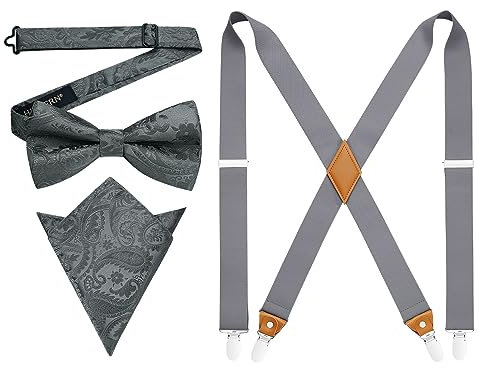 HISDERN Grau Hosenträger für Herren X Form mit sehr Starken 4 Metall Clip Elastisch und Längenverstellbar Hosenträger und Fliege mit Einsteckuch Set…