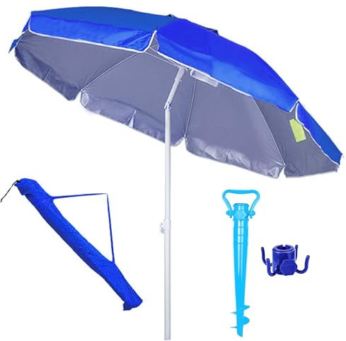 KOKOBOX SET di OMBRELLONE da Spiaggia Mare Inclinabile 200CM+PICHETTI/TRIVELLA Ombrellone+APPENDIABITI+SACCA PVC,Obrellone da Balcone/Giardino/Terrazzo/Piscina/Pesca Esterno Antivento Portabile Blu