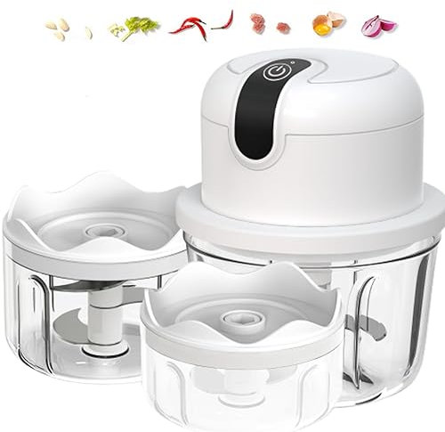 White 3 CUP Electric mini garlic crusher, USB rechargeable portable electric food crusher, wireless small kitchen processor for crushing garlic, ginger, chili, minced meat, onions, etc.(350+250+100ml)