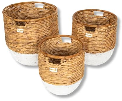 Terra Home 3er Set Aufbewahrungskörbe - stapelbar, Wasserhyazinthe, weiß, rund, Ø45/38,5/33,5 H45/40/35, geflochten, dekorativ, mit Henkel - Korb für Aufbewahrung, Spielzeug, Kinderzimmer, Wohnzimmer