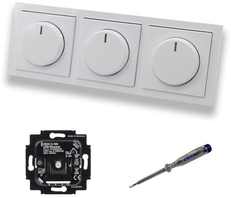 Busch Jäger 6523U-102 (3 Stück) LED Drehdimmer Dimmer + Dimmerscheiben 6540-84-102 in Future Linear Studioweiß glänzend im 3-fach Rahmen inkl. EBROM Phasenprüfer zur Montage der Geräte 6523 U - 102