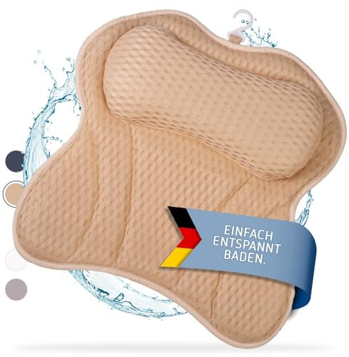 Toniamo Badewannenkissen | Premium Badekissen für Badewanne mit Kopfstütze & Nackenstütze | Kissen ideal als Badewannen Nackenkissen & Kopfkissen | Ergonomisches Wannenkissen mit Saugnäpfen | Sand