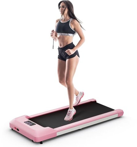 COSTWAY Tapis de Course Électrique 1 à 6 KM/H à roulettes Moteur 2,25HP Charge 120 kg, Tapis de Marche Inclinable avec Télécommande, sous Le Bureau ou Le Lit pour Maison Bureau (Rose)