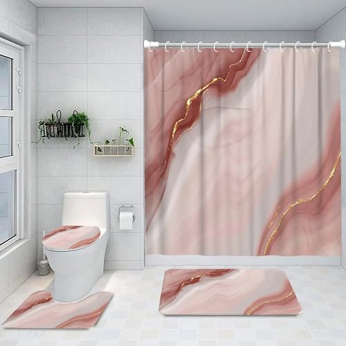 Ansouyi Badezimmer-Duschvorhang-Set mit rutschfesten Teppichen, WC-Deckelbezug und Badematte, abstraktes Weiß, Rosa, Gold, Marmor, langlebig, wasserdicht, Duschvorhang für Badezimmer, Set mit 12