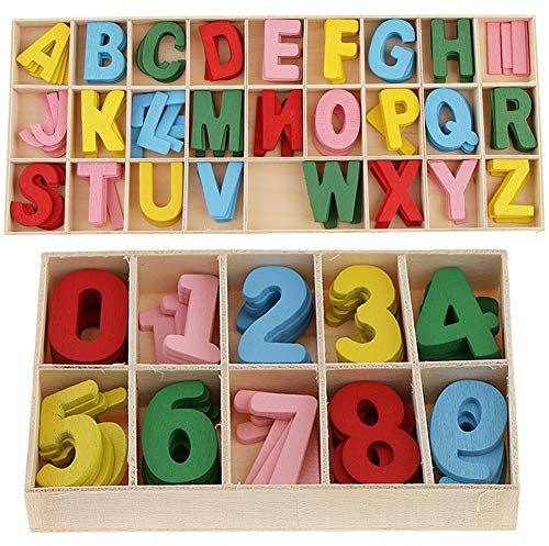 Lot de 216 Lettres et Chiffres en Bois,Lettres en Bois de A à Z,Numéros en Bois 0 à 9,avec Plateau de Rangement,pour Travaux Manuels,Décoration La Maison Enseignement pour Enfants, Multicolore
