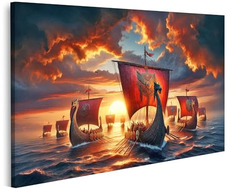 islandburner Bild auf Leinwand Sonnenuntergangsflotte: Wikinger-Langschiffe bereit zur Fahrt Bilder Wandbild Poster
