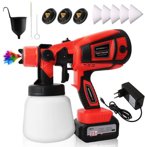 Akku Farbsprühsystem Wandfarbe mit 21V Akkus, Elektro Lackierpistole mit 800ML Behälter 3 Düsen, 3 Spritzmuster, Kabellos Farbsprühgerät für Wände/Möbeln/Zäune(1 * 4000mAh Akku und Ladegerät)