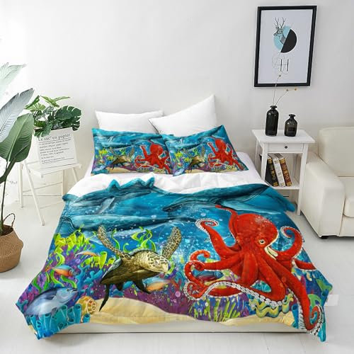 ANHOPE Ozean Wal Oktopus Schildkröte Bettwäsche Set 3 Teilig Bettbezug 155x220 cm + 2 Kissenbezug 80x80 cm Weich Microfaser Bettbezüge Set mit Reißverschluss Bettdeckenbezug für Kinder Jungen Mädchen