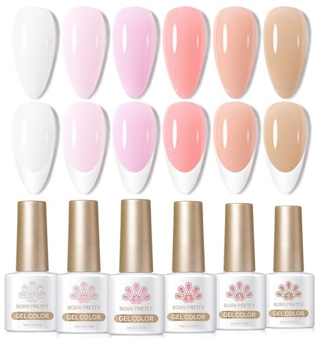 BORN PRETTY Smalto gel semi-permanente bianco latte, rosa nudo, gelatina trasparente cristallo smalto semipermanente UV LED, manicure naturale francese, 7 ml, 6 pezzi