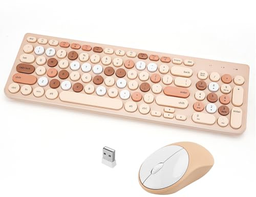 Wireless Keyboard and Mouse Combo, Retro Typewriter Wireless Keyboard with Round Keycaps, 2.4GHz USB Cute Wireless Keyboard Mouse for Computer, Desktop, Laptop (Milk Tea Colorful)