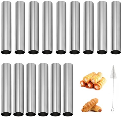 AIZHAZHA Cannoli Backform Set - 15 Stück Edelstahl Formen, 12 cm Röhrchen Mit Reinigungsbürste, Schillerlockenform Antihaft, Schaumrollenformen, Croissant Form, Backzubehör