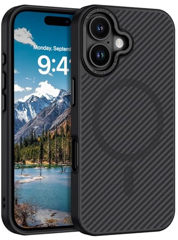 DOMAVER Case for iPhone 16, [Compatible with mag-safe] Carbon Fiber Metal Lens Frame+Buttons Support Wireless Charging Men Women Slim Shockproof Protective Phone 16 Cover 6.1 Inch,Black