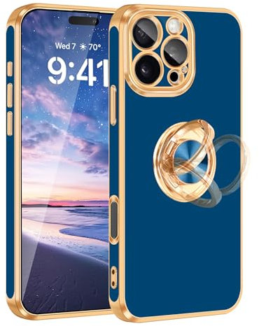 Fingic for iPhone 16 Pro Phone Case [with 360° Ring Holder][Support Magnetic Car Mount]Shiny Plating Gold Slim Thin Soft TPU Dropproof Shockproof Case for iPhone 16 Pro for Women Men,6.3,2024,Blue
