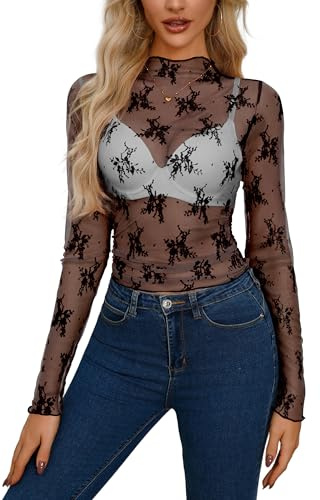 Damen Sexy Oberteil Netzoberteil Top Durchsichtiges Oberteile Mesh Sheer Shirt