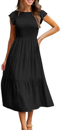 CMTOP Dresses for Women UK Casual Summer Dress Long Crew Neck Ruffle Sleeve Flowy Maxi Dresses Solid Color Elastic Waist Ruched Ladies Dresses Tiered A Line Beach Holiday Sundress(Black, L)