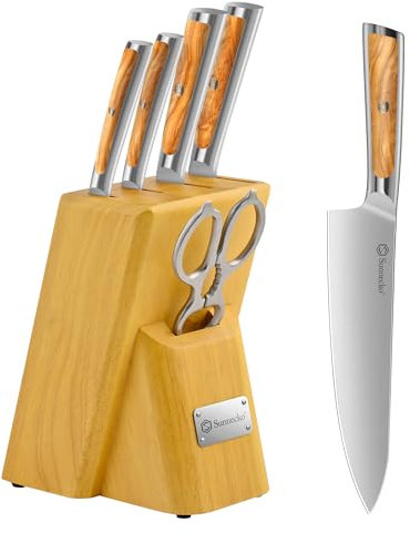 Sunnecko Messerblock mit Messer -Messerset für Küche mit Holzblock, Küchenmesser set 6-tlg, Kochmesser set aus hochwertigem Carbon Edelstahl,Messerblockset mit Olivenholzgriff, scharfe Universalmesser