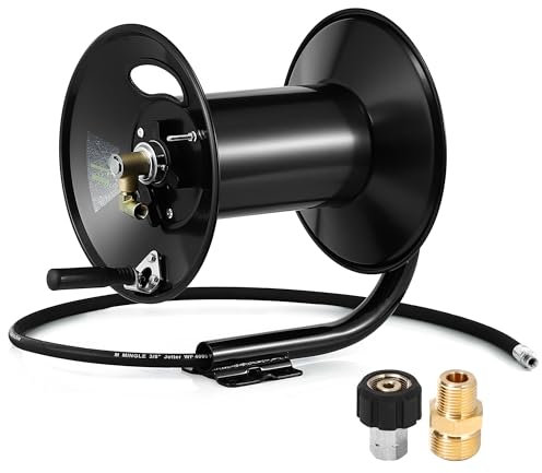 M MINGLE Pressure Washer Hose Reel 200ft, Heavy Duty Steel Hose Reel, Manual Crank Power Washer Hose Reel with Swivel Arm, 3/8 NPT Outlet Pipe, 4000 PSI