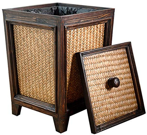 Poubelle vintage en bois rotin avec couvercle pour la maison, le bureau, corbeille à papier délicate de 10 l
