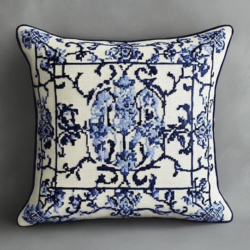 AxiangziK Retro-Kunst Kreuzstichkissen Set,blaue Blume,Kissenbezug Zum Sticken Kreuzstich Stickkissen mit Muster,11CT Stickset Kreuzstich Kissen,45x45cm
