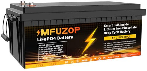 MFUZOP 12V 200Ah LiFePO4 Lithium Leisure Battery with 200A BMS, 2560Wh Lithium Leisure Iron Phosphate Battery, up to 15000+ Cycles, Support in Series/Parallel, for RVs, Boats, Trolling Motor