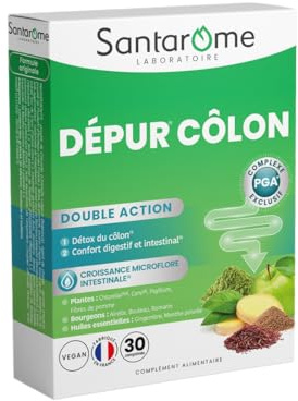 SANTAROME Dépur Côlon - Détox du Côlon - 30 Comprimés - Fabriqué en France | Chlorelle, psyllium et fibres de pomme - Carvi et menthe poivrée pour le confort digestif - Détox du côlon - Riche en fibres