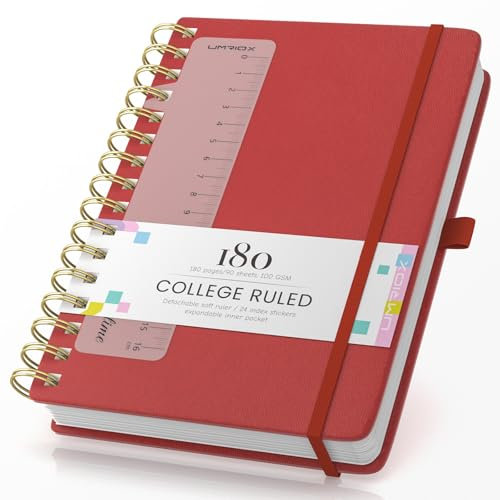 Umriox Notizbuch A5 Spirale,180 Seiten Spiralnotizbuch mit 100gsm Premium-Papier,Collegeblock Tagebuch für Frauen Büro und Schule,14.5 x 21cm -Rot