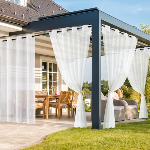 Minicoco 2PCS Luxury Voile Sheer Curtains Thermal Insulated Voile Panels Blackout Gazebo Curtains Eyelet Garden Outdoor Curtains, White Voile Curtains for Pergola Gazebo Garden Patio(213cm x 132cm)