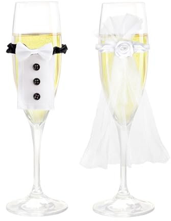 VOSSOT Sektgläser Hochzeit, Hochzeitsdeko für Champagnerglas Mr & Mrs Glasdekoration Geschenke Flaschenhülle Kleidung, Sektgläser Hochzeit für Brautpaar Braut und Bräutigam Tischdeko