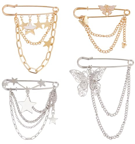 SUPERFINDINGS 4 Stil Dekorative Sicherheitsnadeln Punk Kragenbroschen Stern Quaste Brosche Hosenbund Taillenspanner Pins Mit Hängenden Ketten Legierung Stern Schmetterling Brosche Für Tasche Schal