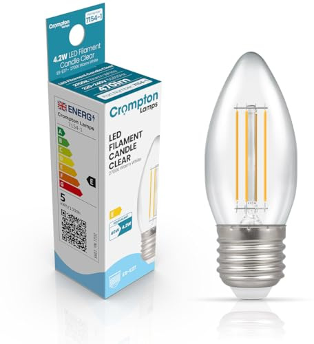 Crompton Lamps Filament Candle LED Light Bulb ES-E27 | 4.2W = 40W Equivalent | Warm White 2700K | Energy Efficient | Edison Screw Lightbulb | Long Life 10,000-Hrs | Clear Glass | Dimmable