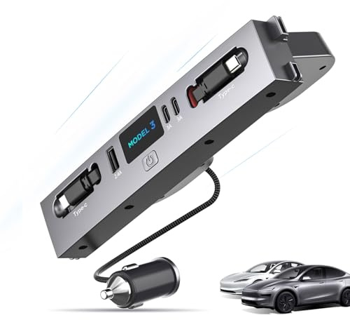 Mowlicas Hub USB dual tipo C 5 en 1, accesorios Tesla New Model 3 Highland (2025/2024), cargador rápido máximo de 132 W para iPhone 16/15 Series, cable retráctil de 2 y estación de acoplamiento de 3