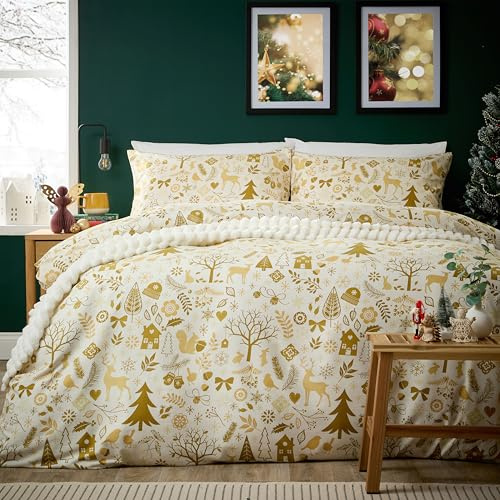 Olivia Rocco Christmas Duvet Cover Set Festive Bedding Quilt Cover Xmas with Pillowcases Reversible Design Easy Care Bed Linen Sets, Wonderland Gold, King