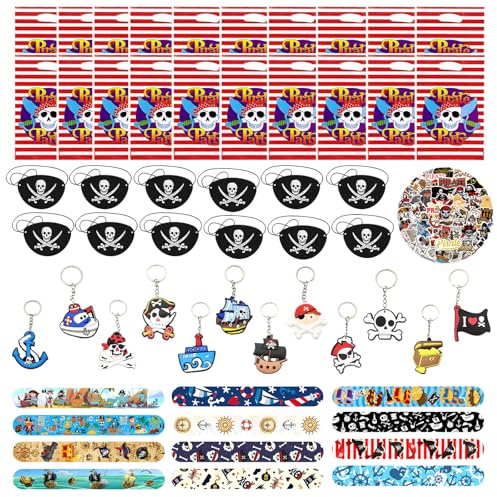 Yhjxly 106 pcs Piraten Kindergeburtstag Set,Piraten Kostüm Zubehör mit Augenklappe Schnapparmbänder Schlüsselanhänger Aufkleber und Geschenktüte für Halloween Pirat Party Kindergeburtstag