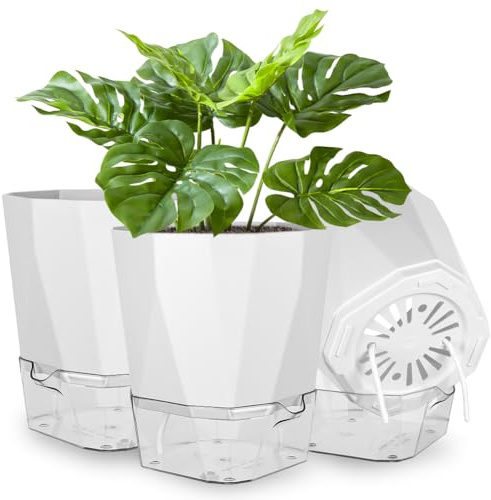 NUTKIT Maceta Autorriego 18*10.5*16.5cm,3 Pcs Plástico Blanco con Bandeja | Redonda, orificios de drenaje, sistema de riego automático, ideal para plantas de interior, talla M