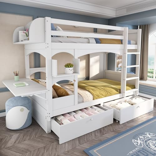 Bladez Kinder-Etagenbett 90x200 cm Weiß – Doppelbett aus Massivholz mit klappbarem Schreibtisch, Leiter & 2 Schubladen – Multifunktionales Kinderbett, platzsparendes Hochbett für Kinderz (White)